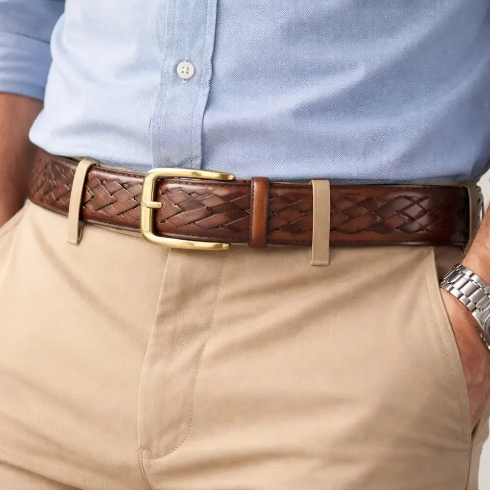 Men's SZ 44 Mahogany Basket Weave Belt With Brass Buckle NEW